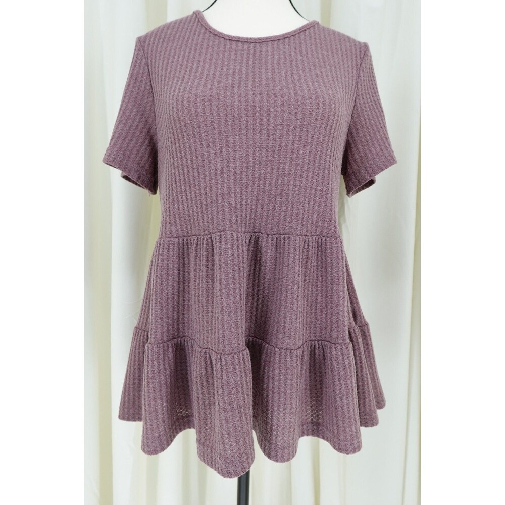 Shein Women's Ribbed & Ruffled Short-Sleeve Light Purple Babydoll Blouse SZ M 6